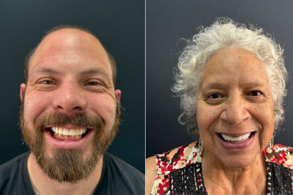 Two patients from Morada Clinic smiling side by side, showing their teeth after dental treatment