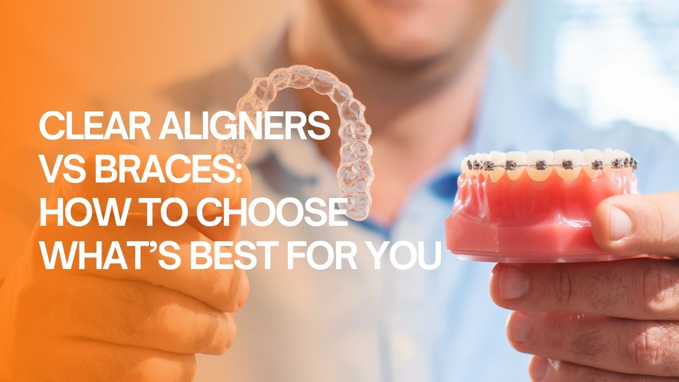 A man holding in one hand a typodont with metal braces and with the other a clear aligner.