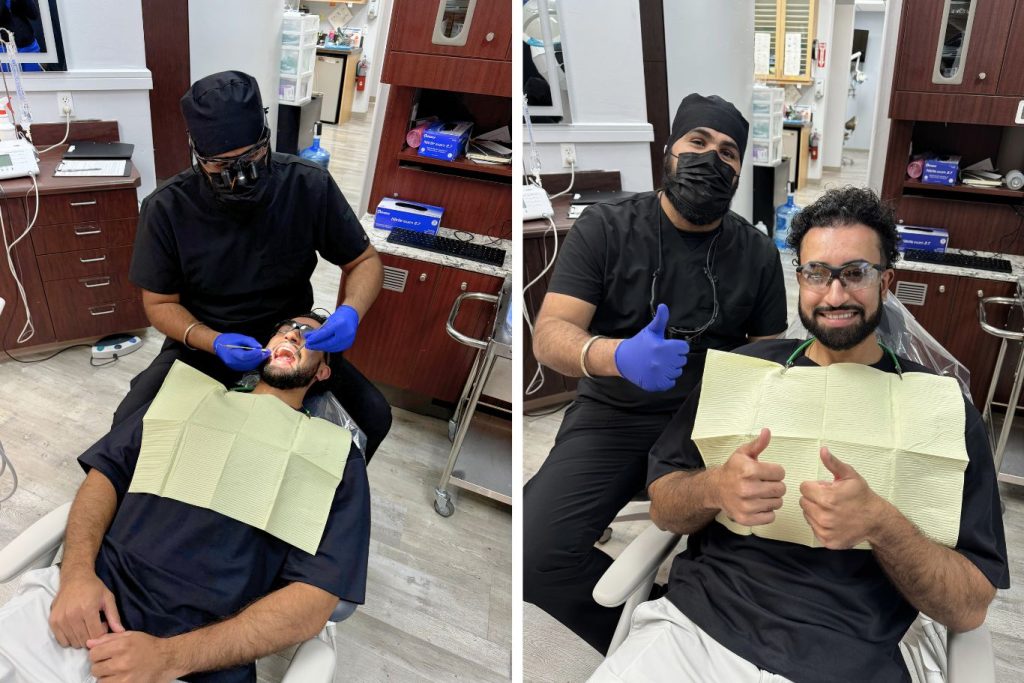 Before-and-after images showing a young man during a dental exam and then smiling happily next to his dentist.