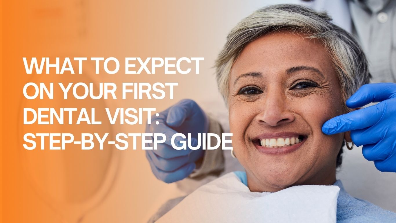 Middle-aged woman smiling at her first dental appointment while being examined by a dentist.