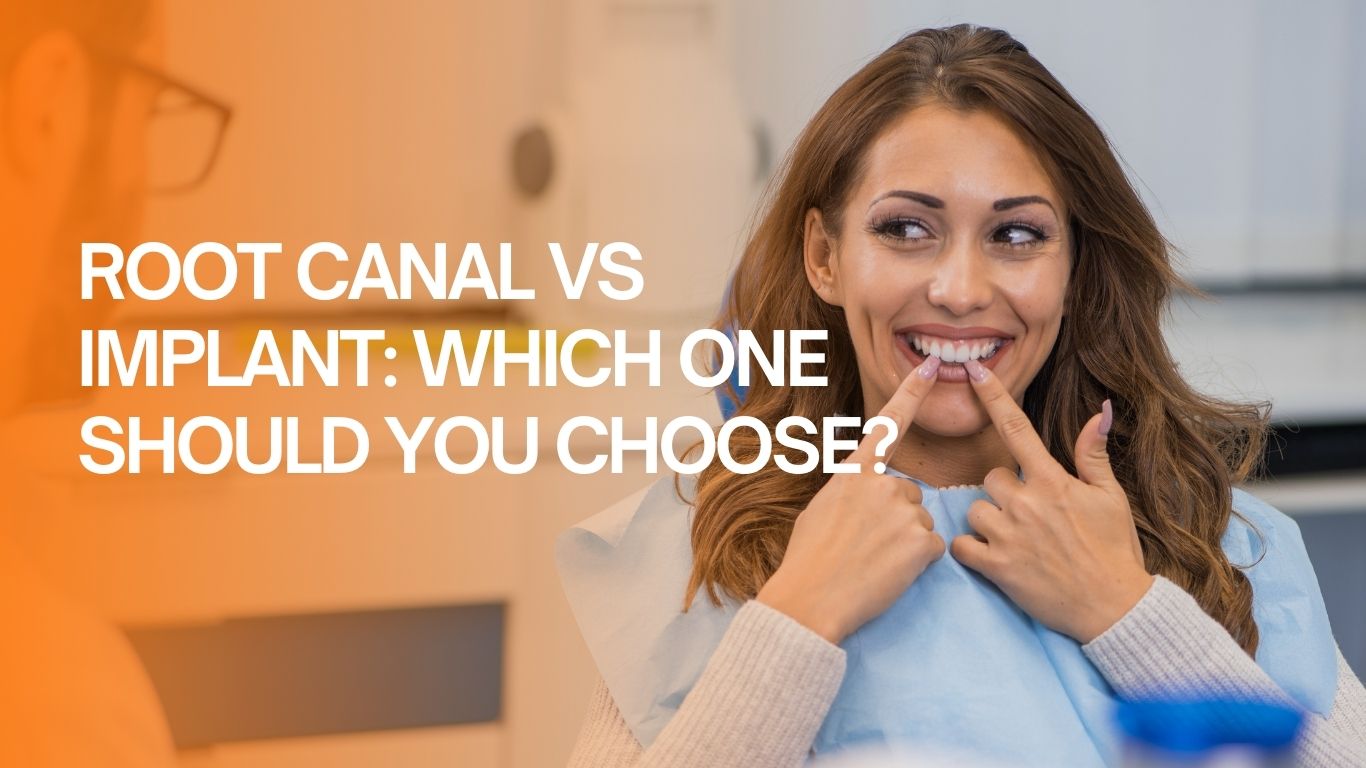 Woman pointing at her teeth during a dental check up.