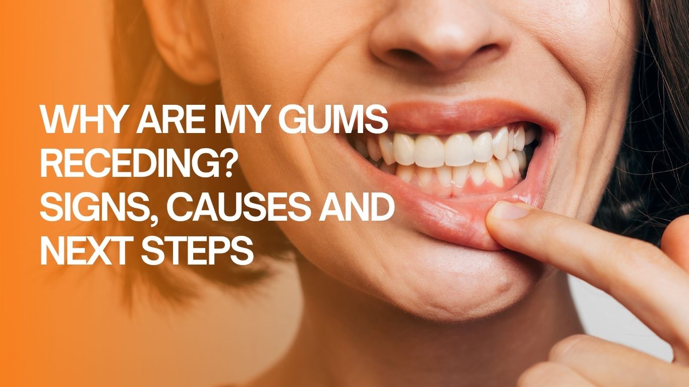 Close up of a young woman showing red bleeding and inflamed gums indicating gum recession